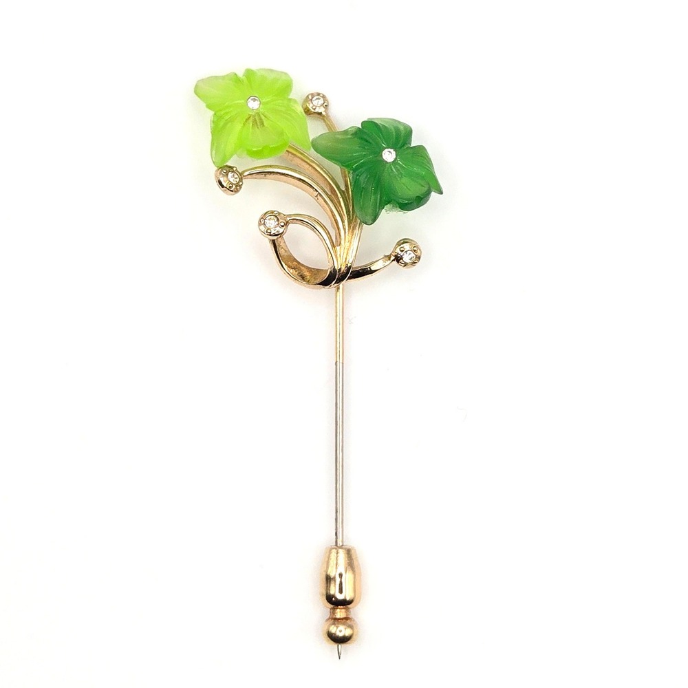 Vintage Gold Tone Flower Stick Pin Brooch with GreenFlowers and Rhinestones